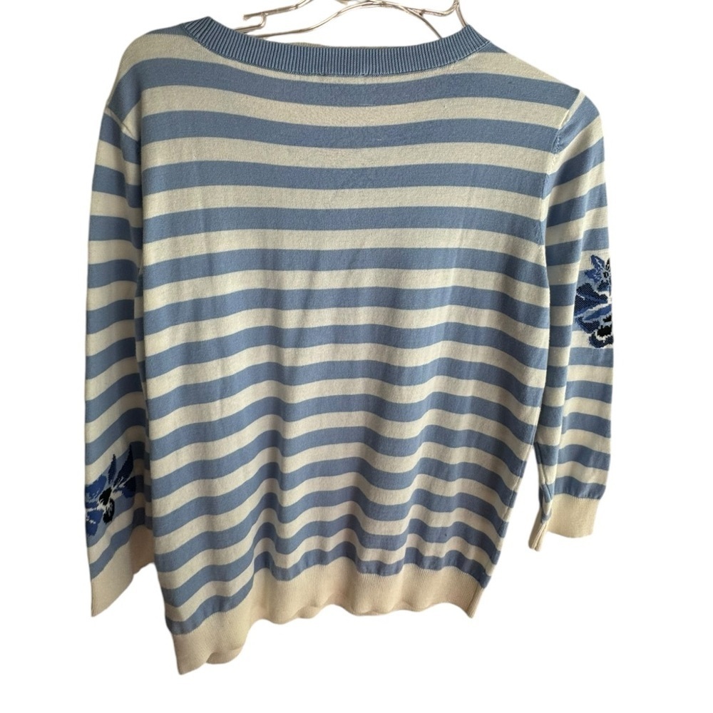Talbots Womens Blue & White 3/4 Sleeve Striped Floral Knit Sweater M - Picture 6 of 6